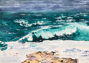Painting titled "Waves roll on" by Ewa Helzen, Original Artwork, Watercolor