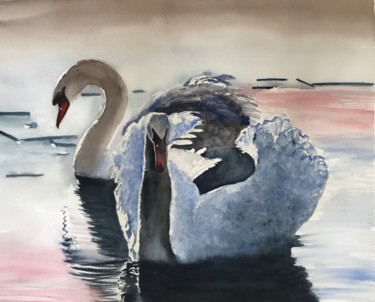 Pittura intitolato "Swan" da Ewa Helzen, Opera d'arte originale, Acquarello