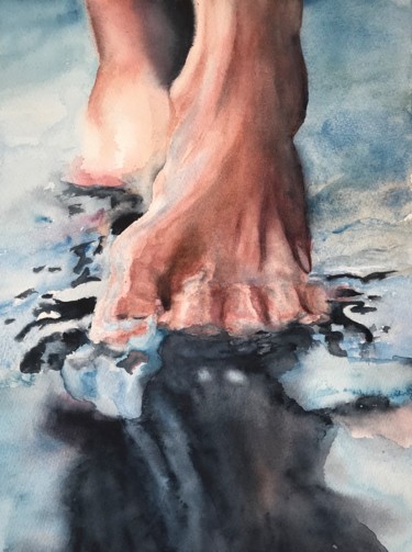 Painting titled "Walking on the beach" by Ewa Helzen, Original Artwork, Watercolor