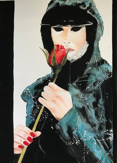 Painting titled "Red rose" by Ewa Helzen, Original Artwork, Watercolor