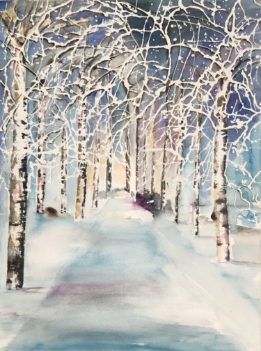 Schilderij getiteld "Birches in winterti…" door Ewa Helzen, Origineel Kunstwerk, Aquarel