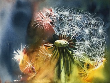 Malerei mit dem Titel "Colorful dandelion" von Ewa Helzen, Original-Kunstwerk, Aquarell