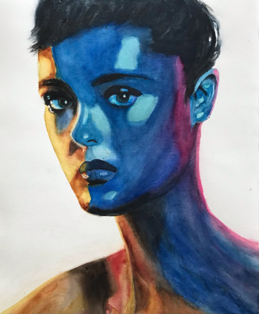 Painting titled "Blue shadow" by Ewa Helzen, Original Artwork, Watercolor