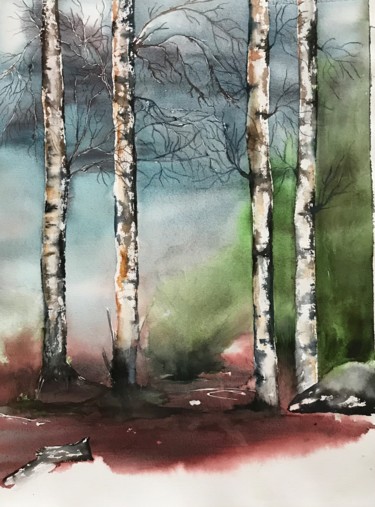 Painting titled "Birches" by Ewa Helzen, Original Artwork, Watercolor