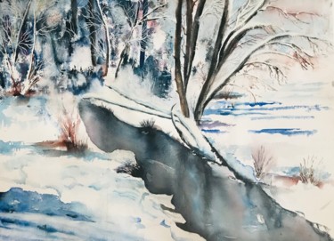 Painting titled "Winter landskape" by Ewa Helzen, Original Artwork, Watercolor
