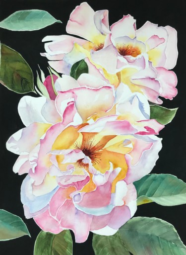 Painting titled "Pink roses" by Ewa Helzen, Original Artwork, Watercolor