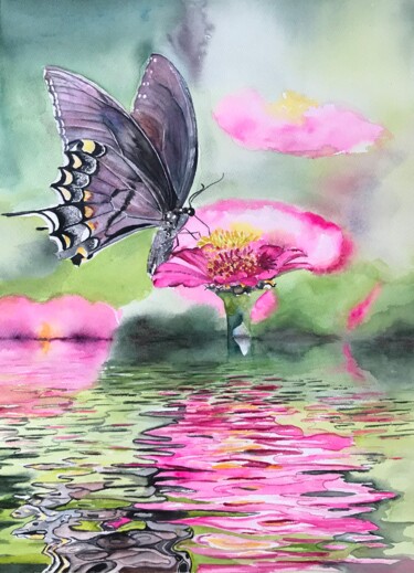 Painting titled "Butterfly by water" by Ewa Helzen, Original Artwork, Watercolor