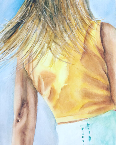 Painting titled "A girl in a yellow…" by Ewa Helzen, Original Artwork, Watercolor