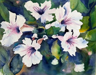 Painting titled "Large White flowers" by Ewa Helzen, Original Artwork, Watercolor