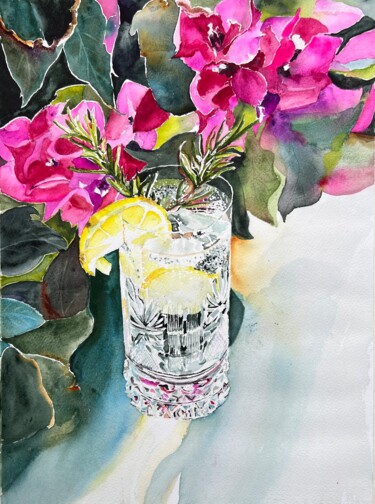 Painting titled "A glass of G T" by Ewa Helzen, Original Artwork, Watercolor