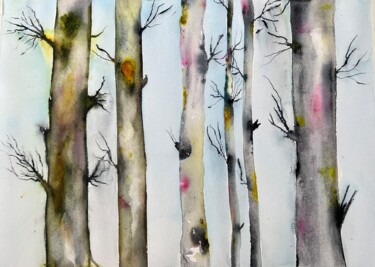 Pintura intitulada "Birch trunks" por Ewa Helzen, Obras de arte originais, Aquarela