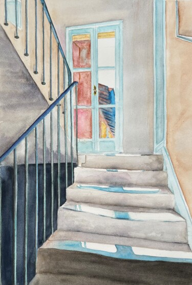 Pintura titulada "Shadow on the stairs" por Ewa Helzen, Obra de arte original, Acuarela