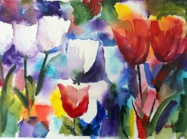 Pintura intitulada "Tulips" por Ewa Helzen, Obras de arte originais