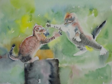 Painting titled "Fighting cats" by Ewa Helzen, Original Artwork