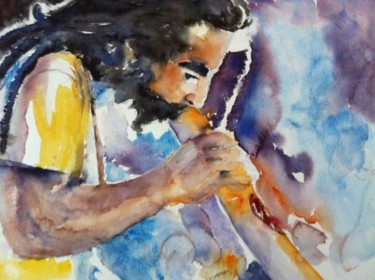 Painting titled "Street musician" by Ewa Helzen, Original Artwork, Watercolor