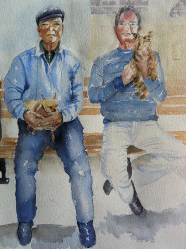 Painting titled "Two men with dogs" by Ewa Helzen, Original Artwork, Watercolor