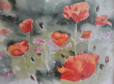 Painting titled "Red poppies" by Ewa Helzen, Original Artwork, Watercolor