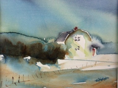 Painting titled "White house" by Ewa Helzen, Original Artwork, Watercolor