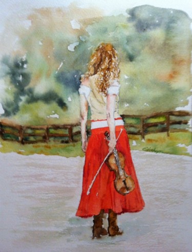 Painting titled "girl-with-a-violin.…" by Ewa Helzen, Original Artwork