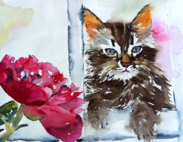 Peinture intitulée "kitten-in-the-windo…" par Ewa Helzen, Œuvre d'art originale