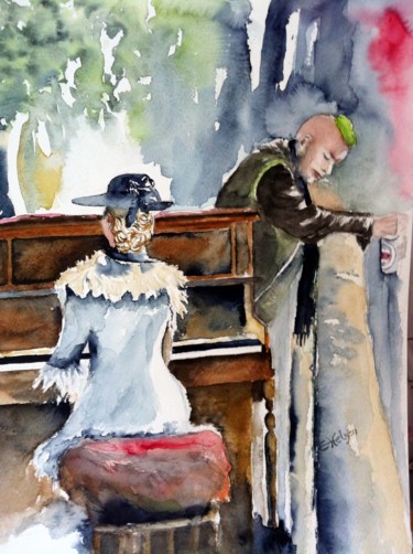 Painting titled "Playing piano" by Ewa Helzen, Original Artwork, Watercolor