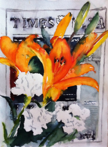 Painting titled "flowers on newspape…" by Ewa Helzen, Original Artwork