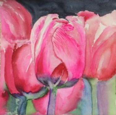 Painting titled "pink-tulips.jpg" by Ewa Helzen, Original Artwork, Watercolor