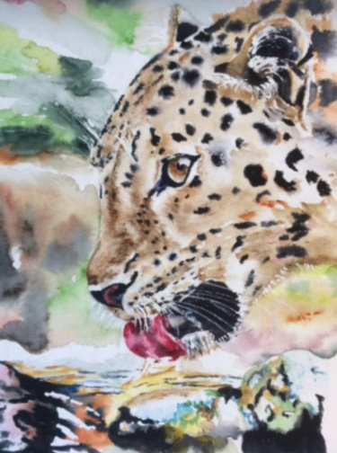 Pintura intitulada "thirsty-leopard.jpg" por Ewa Helzen, Obras de arte originais