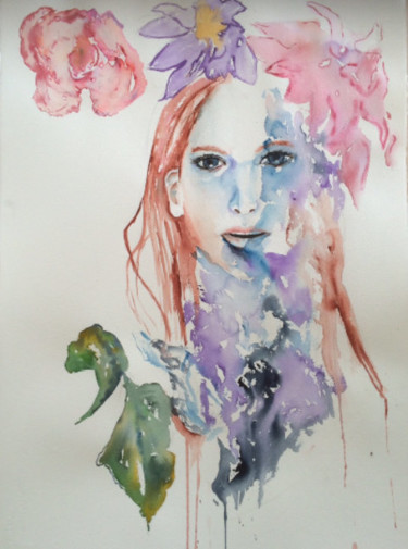 Painting titled "flowers-in-the-hair…" by Ewa Helzen, Original Artwork, Watercolor