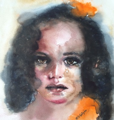 Painting titled "Girl missing her pa…" by Ewa Helzen, Original Artwork, Watercolor
