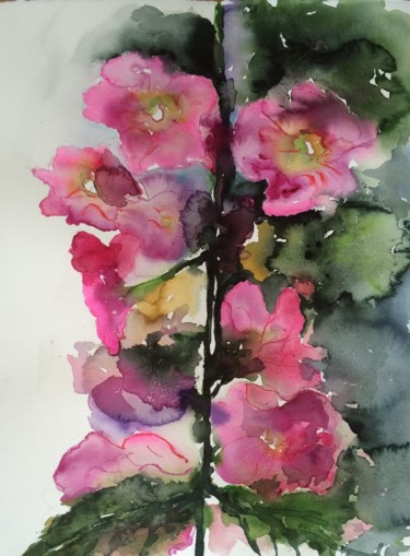 Pintura intitulada "Pink hollyhock.jpg" por Ewa Helzen, Obras de arte originais