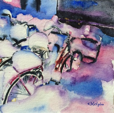 Painting titled "Bicycles in winter.…" by Ewa Helzen, Original Artwork