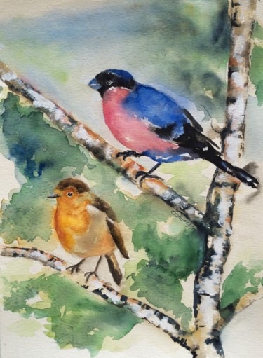 Pintura intitulada "Birds in forest.jpg" por Ewa Helzen, Obras de arte originais, Aquarela