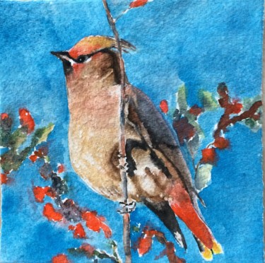 Malerei mit dem Titel "Waxwing.jpg" von Ewa Helzen, Original-Kunstwerk, Aquarell