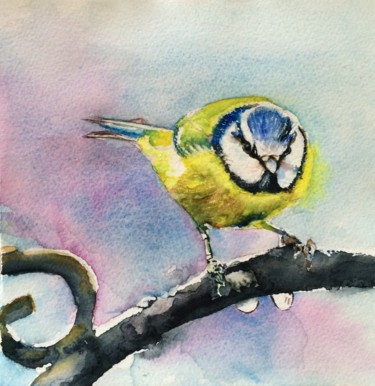 Painting titled "Blue tit" by Ewa Helzen, Original Artwork, Watercolor