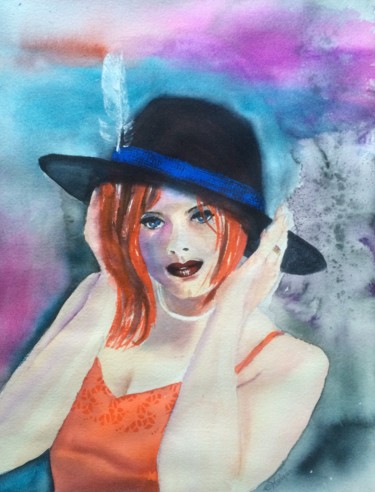 Painting titled "feather-in-the-hat.…" by Ewa Helzen, Original Artwork, Watercolor
