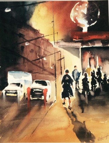 Painting titled "evening-in-town.jpg" by Ewa Helzen, Original Artwork, Watercolor