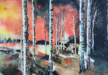 Painting titled "Cottage in  the for…" by Ewa Helzen, Original Artwork, Watercolor