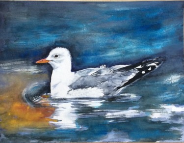 Painting titled "One Seagull" by Ewa Helzen, Original Artwork, Watercolor