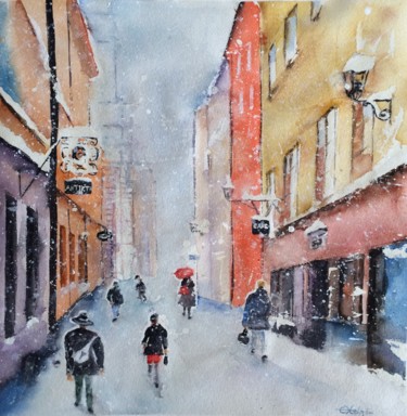 Painting titled "Snowing in the old…" by Ewa Helzen, Original Artwork, Watercolor