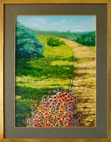 Painting titled "Happy Way" by Ewa Ludwig, Original Artwork, Oil Mounted on Wood Stretcher frame