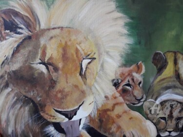 Painting titled "Lion with children" by Ewa Mościszko, Original Artwork, Acrylic