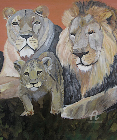 Painting titled "Lion's family" by Ewa Mościszko, Original Artwork, Acrylic