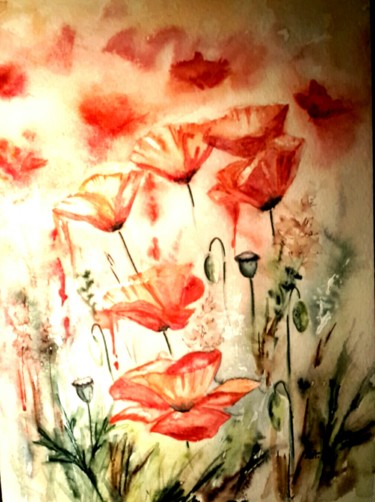 Painting titled "Ambiance coquelicot" by Ewa Rey, Original Artwork, Watercolor