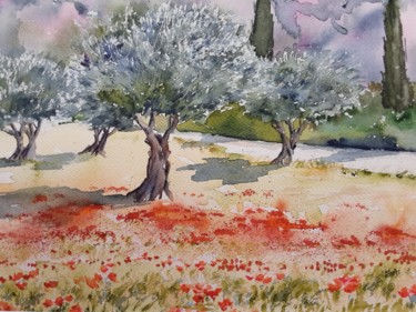 Painting titled "Oliviers en Ptovence" by Ewa Rey, Original Artwork, Watercolor