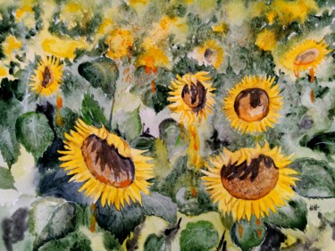 Painting titled "Fondu de tournesol" by Ewa Rey, Original Artwork, Watercolor