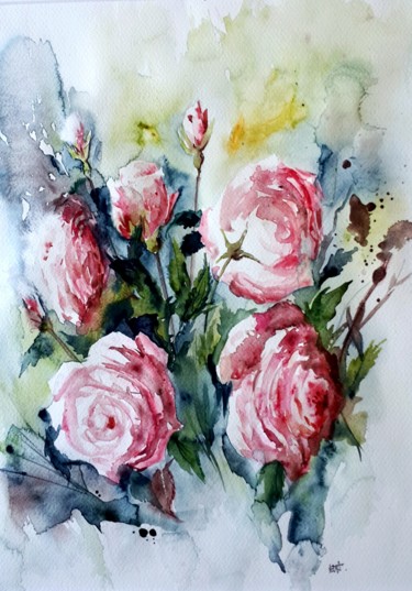 Malerei mit dem Titel "Lumière de roses" von Ewa Rey, Original-Kunstwerk, Aquarell