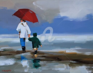 Painting titled "Parapluie rouge" by Ewa Rzeznik, Original Artwork, Oil
