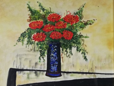 Painting titled "BOUQUET ROUGE d'apr…" by Ewa Tourrette, Original Artwork, Oil Mounted on Wood Stretcher frame