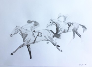 Painting titled "La course de chevaux" by Ewenn H, Original Artwork, Ink